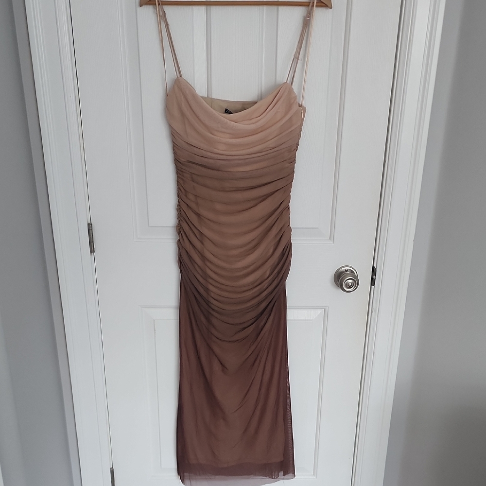 ZARA Women’s Ombre Ruched Fited Dress in Taupe/Brown